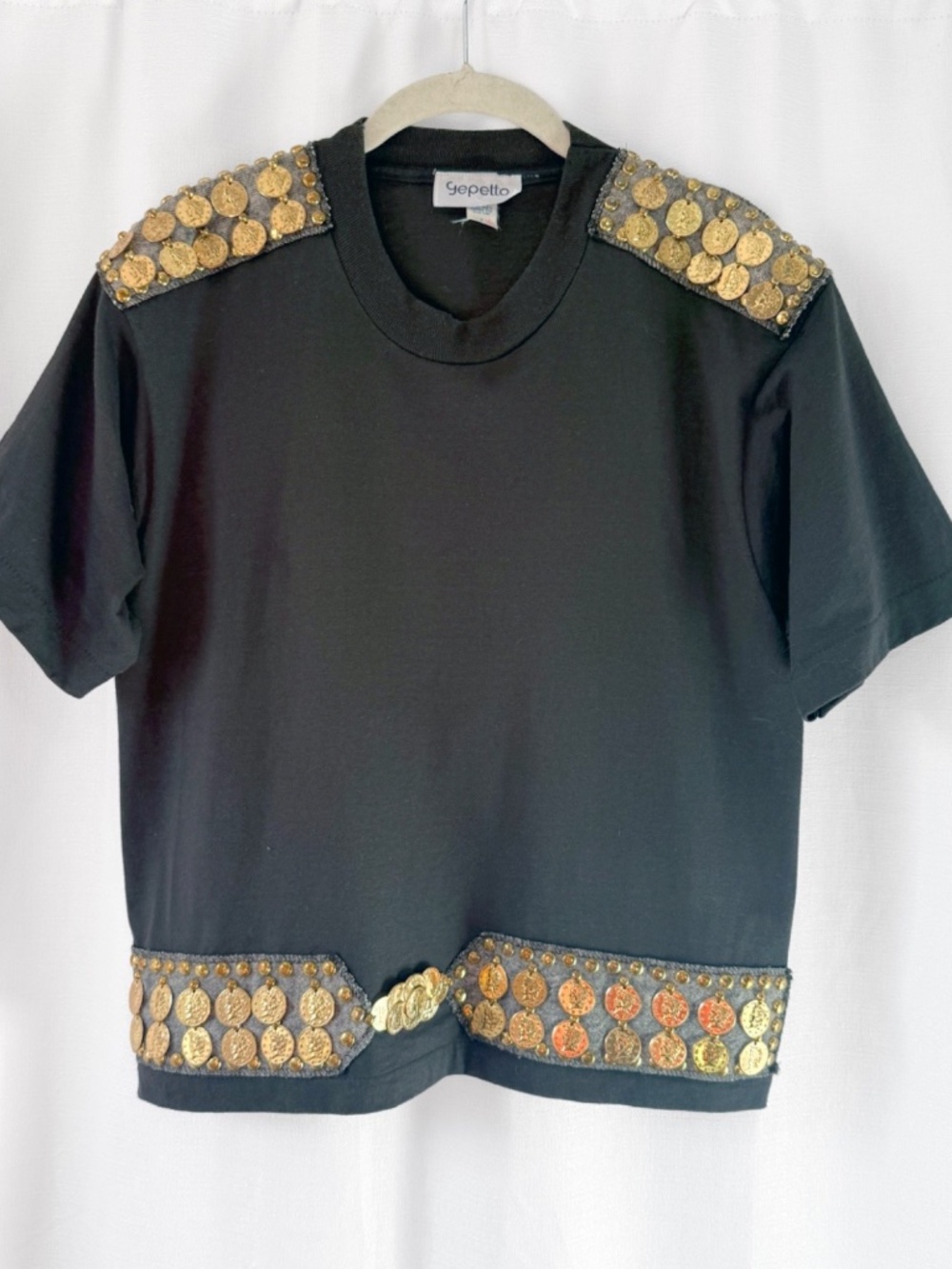 Vintage Gepetto 90s Gold Coin Embellished Black Tee Statement Top